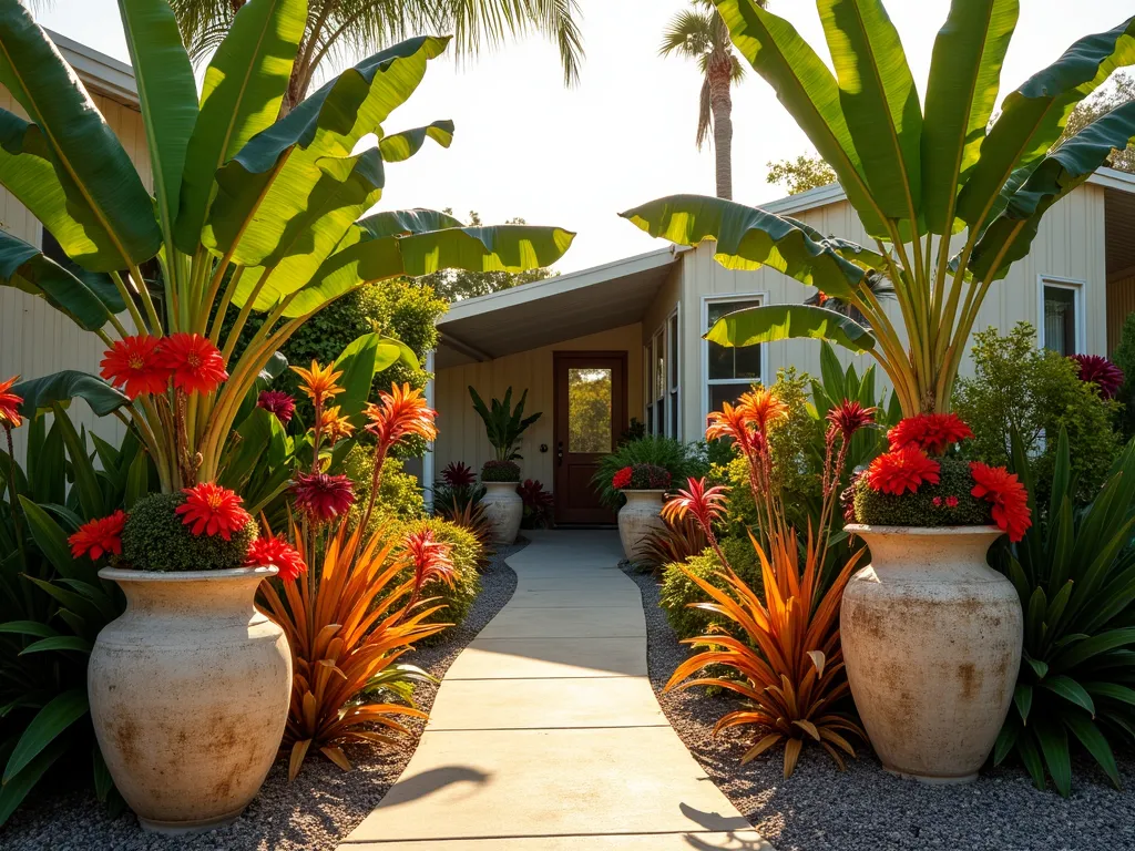 Tropical Mobile Home Entrance Garden - A late afternoon scene of a welcoming mobile home entrance featuring a stunning collection of large decorative containers arranged in cascading heights. Dramatic banana plants with broad leaves serve as towering focal points, surrounded by vibrant red and orange cannas in full bloom. Lush crotons with their multicolored foliage add stunning patches of yellow, orange, and deep burgundy. The containers are artistically arranged along a curved pathway leading to the entrance, creating depth and visual interest. Soft golden sunlight filters through the tropical foliage, casting gentle shadows on the weathered ceramic containers. The scene is photographed from a medium-wide angle, slightly angled to showcase both the container arrangement and the mobile home entrance, creating a sense of depth and invitation.