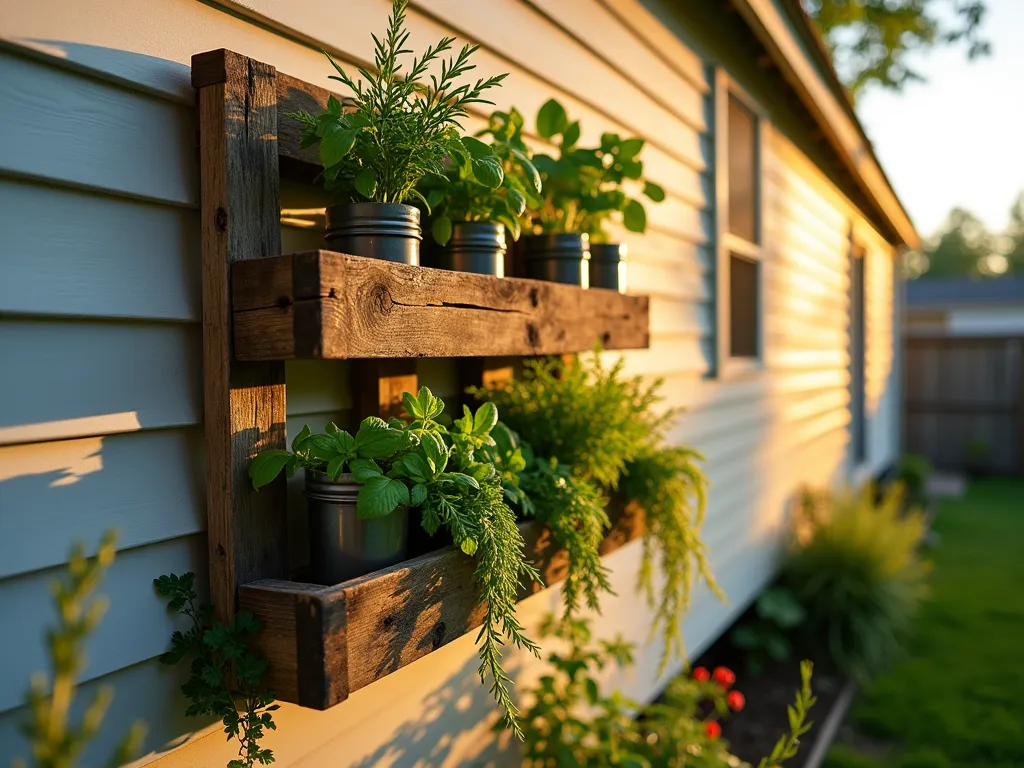 Vertical Pallet Herb Garden at Sunset - A rustic wooden pallet herb garden mounted vertically on a mobile home's exterior wall, captured during golden hour. The pallet has been beautifully transformed with multiple tiers of fresh herbs including basil, thyme, rosemary, and mint growing in Mason jars and recycled tin containers. Soft sunset light filters through the herbs, creating gentle shadows on the home's siding. The garden features weathered wood textures, vibrant green herbs, and decorative copper plant markers. A close-up perspective shows water droplets on the herb leaves, with the background slightly blurred for depth. The composition includes trailing herbs cascading down the front of the pallet, with small butterfly and bee-friendly flowers interspersed throughout.