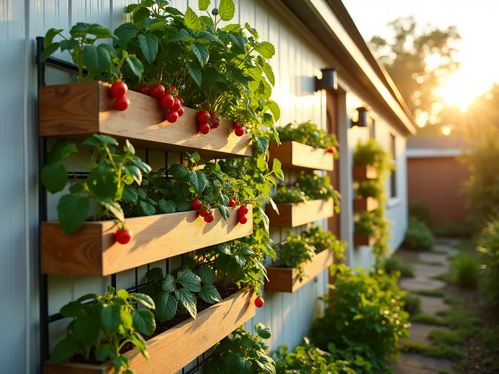 Vertical Vegetable Garden on Mobile Home Wall - Stunning vertical vegetable garden mounted on a mobile home's white exterior wall during golden hour, shot at f/2.8. Multiple tiers of modern wall-mounted planters overflow with ripe tomatoes, climbing cucumbers, and leafy greens. Professional trellises support thriving vegetable vines reaching upward. Warm sunlight casts gentle shadows through the foliage, creating a lush, productive garden space. Wide-angle perspective shows the full vertical growing system while maintaining intimate detail of the fresh produce. Natural wood elements complement the contemporary design of the planters. Drip irrigation system visible, demonstrating practical functionality.