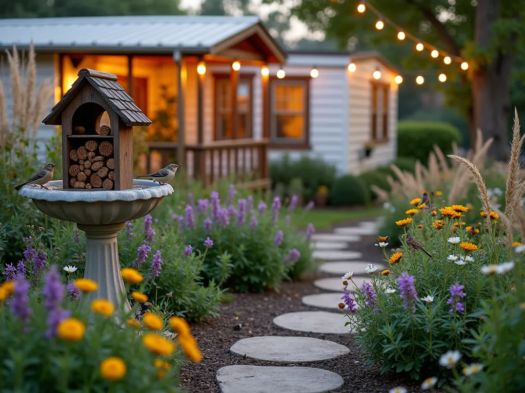 Wildlife Haven Mobile Home Garden - A tranquil dusk scene of a beautifully landscaped mobile home garden, captured with a wide-angle lens. Native wildflowers in purple, yellow, and white colors sway gently in the foreground, while a decorative birdbath serves as a focal point. A rustic wooden insect hotel adorned with bamboo tubes and pine cones stands nearby. Butterfly bushes and flowering native plants create layers of texture. Several birds perch around the bath, with hummingbirds hovering near trumpet honeysuckle vines. String lights twinkle softly overhead, creating a magical atmosphere. Natural stone pathways wind through the garden, bordered by tall ornamental grasses. A close-up perspective reveals bees and butterflies visiting the flowers. Shot with DSLR camera, f/8 aperture, ISO 100, 1/125 shutter speed, capturing the golden hour lighting.