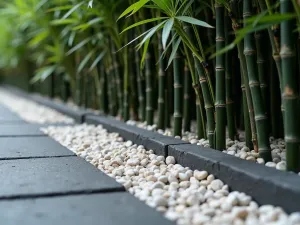 Bamboo Gravel Border - Close-up detail of black bamboo emerging from a bed of white gravel, against large charcoal concrete pavers