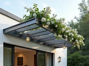 Cantilever Pergola Design - Close-up of a dramatic cantilever pergola in brushed aluminum, extending from a white rendered wall, with climbing star jasmine and modern pendant lights, photorealistic