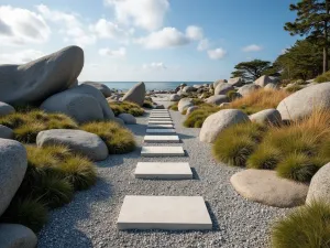 Coastal Modern Rockery - Wide angle view of a coastal-inspired rock garden with smooth wave-worn boulders, coastal grasses, and geometric concrete pavers set in gravel