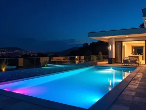 Color-Changing Pool Lights - Modern infinity pool with color-changing LED lights creating a stunning reflection in still water at night