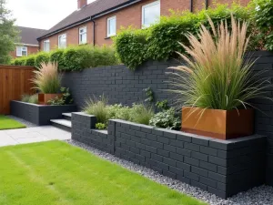 Contemporary Brick Pattern Wall - Modern garden wall using dark grey bricks in an unusual stacked pattern, with integrated copper planters holding architectural grasses