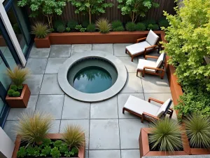 Contemporary Courtyard Garden - Aerial view of a small contemporary courtyard garden with a circular water feature, surrounded by cor-ten steel planters with ornamental grasses, modern patio furniture