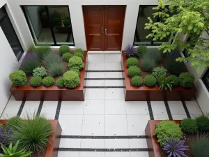 Contemporary Courtyard - Overhead view of a contemporary courtyard featuring a geometric pattern of corten steel planters filled with ornamental grasses and lavender