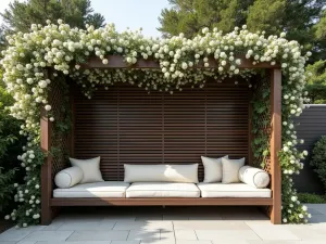 Contemporary Pergola Bench - Aerial view of a sleek bench integrated into a modern slatted pergola structure, with climbing jasmine and contemporary outdoor cushions