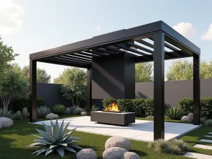 Contemporary Pergola Fireplace - Modern pergola incorporating a suspended fireplace, with dark metal frame and clear roof panels, surrounded by sculptural succulents and agaves, photorealistic