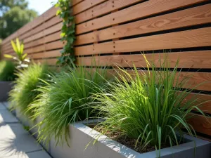 Contemporary Privacy Screen - Close-up of a modern slatted cedar privacy screen with integrated planters containing tall grasses and climbing plants