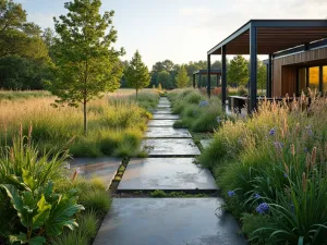 Contemporary Rain Garden - Wide angle view of a modern rain garden with steel walkways over native grasses and perennials in a naturalistic design