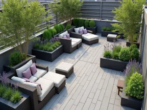 Contemporary Rooftop Garden - Aerial view of a modern rooftop garden with composite decking, built-in planters with lavender and ornamental grasses, and contemporary outdoor furniture