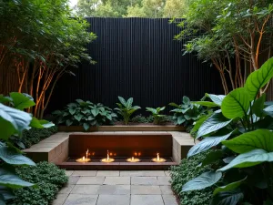 Contemporary Shade Garden - Close-up of a modern shade garden with black bamboo screens, large-leaved hostas, and illuminated cor-ten steel water feature