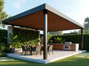 Corner Pergola Lounge - Close-up of a modern L-shaped pergola with slatted roof panels, featuring a built-in outdoor kitchen and living wall with tropical plants, photorealistic