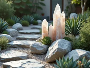 Crystal Rock Garden - Close-up of a modern rock garden featuring large quartz crystals and mirror-polished stainless steel elements mixed with angular rocks and architectural succulents