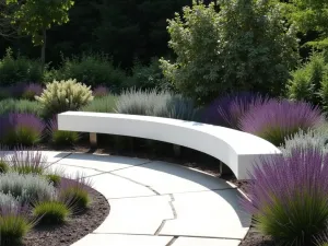 Curved Contemporary Bench - An elegant curved white composite bench following the sweep of a circular garden design, with purple and silver architectural plants creating dramatic contrast