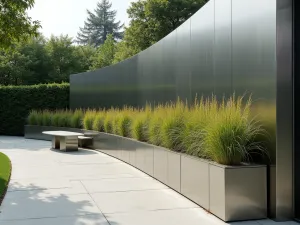 Curved Metal Garden Wall - Sweeping curved wall in brushed stainless steel with built-in seating and planting pockets filled with contemporary grass varieties