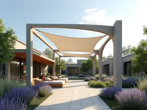 Curved Pergola Design - Wide shot of a curved modern pergola with white fabric shade sails, surrounded by contemporary planting of lavender and ornamental grasses, photorealistic