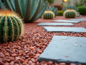 Desert Modern Gravel - Close-up of red desert gravel contrasting with large bluestone pavers, surrounded by architectural cacti and desert plants