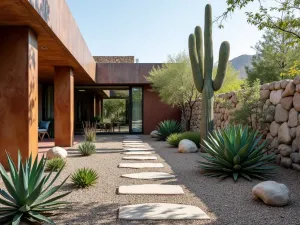 Desert Modern Rock Garden - Wide-angle view of a desert-inspired modern rock garden with cor-ten steel edging, featuring large basalt columns, gravel mulch, and architectural agaves and barrel cacti