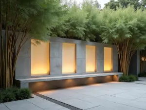 Floating Concrete Block Wall - Wide angle view of a floating concrete block wall with integrated bench seating and backlit frosted glass panels, surrounded by bamboo