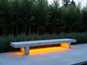 Floating Concrete Garden Bench - A minimalist cantilevered concrete garden bench, seemingly floating against a backdrop of tall ornamental grasses and black bamboo, with LED strip lighting underneath creating a dramatic evening atmosphere