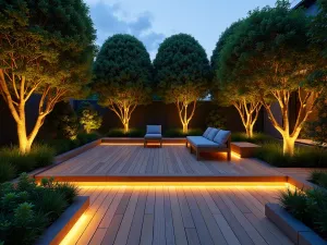 Floating Deck Bench - Wide angle view of a built-in bench extending from a floating deck, surrounded by carefully manicured cloud-pruned trees and LED strip lighting