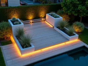 Floating Garden Deck - Aerial view of a contemporary floating deck with built-in planters, featuring silver grass and succulents, surrounded by LED strip lighting