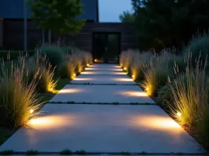 Floating LED Path Lights - Modern garden path illuminated by minimalist floating LED lights, casting geometric patterns on a polished concrete walkway at dusk, surrounded by ornamental grasses