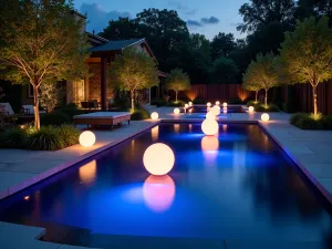 Floating Light Spheres - Wide shot of modern garden featuring wireless LED spheres floating in a reflection pool, creating magical evening atmosphere