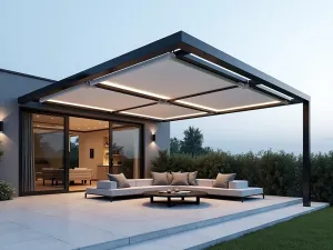 Floating Modern Pergola - A minimalist floating pergola with slim black metal beams, featuring retractable white shade panels and integrated LED lighting, positioned over a contemporary outdoor seating area with grey cushions, photorealistic