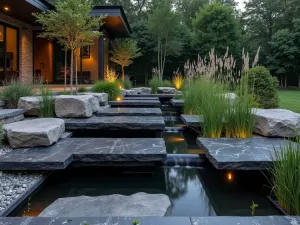 Floating Rock Platform - Modern elevated rock garden platform with black granite slabs appearing to float over a shallow water feature, accented with ornamental grasses and night lighting