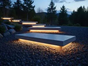 Floating Steps Over Gravel - Modern floating concrete steps hovering over a sea of black basalt gravel, lined with LED strip lighting underneath. Shot at dusk with subtle lighting effects