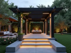 Floating Steps Pergola - Close-up of a modern pergola integrated with floating concrete steps, featuring cable wire system for climbing roses and contemporary lighting, photorealistic