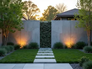 Geometric Concrete Wall Garden - Modern concrete garden wall with geometric patterns, softened by cascading silver falls dichondra and minimal LED lighting, photographed straight on during golden hour