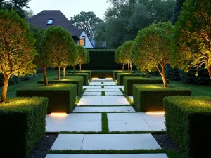 Geometric Garden Design - Wide angle view of a small garden with geometric paving patterns, cube-shaped boxwood topiary, and LED strip lighting along pathways