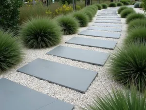 Geometric Gravel Path - A modern garden path with alternating light grey rectangular pavers set in white gravel, creating a geometric pattern. Surrounded by low-growing ornamental grasses, photographed from above at a 45-degree angle