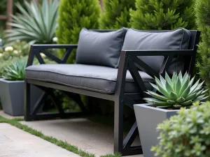 Geometric Metal Bench Design - Close-up view of a geometric black metal garden bench with angular patterns, cushioned with charcoal grey weather-resistant fabric, surrounded by sculptural succulents in contemporary planters