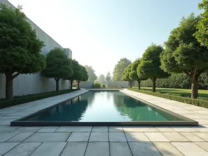 Geometric Pool Garden - Wide shot of a rectangular reflection pool surrounded by angular concrete pavers and carefully pruned cloud trees