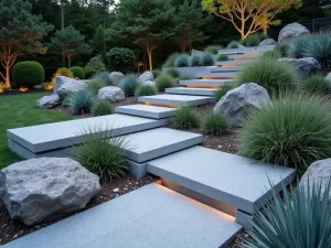 Geometric Rock Garden Terrace - A modern minimalist rock garden with angular granite blocks arranged in geometric patterns, featuring Japanese forest grass and silver-blue succulents, clean lines and subtle LED lighting, shot from a 45-degree angle