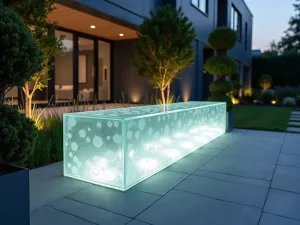 Glass Garden Bench - Close-up of a transparent glass bench with frosted patterns, backlit for evening drama, surrounded by modern topiary and steel planters