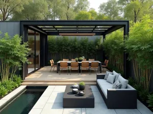 Glass Roof Pergola Garden - Aerial view of a modern glass-roofed pergola with black steel frame, surrounded by bamboo plants and featuring a zen water feature, modern outdoor furniture in charcoal grey, photorealistic