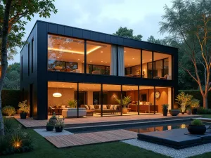 Glowing Garden Room - Wide shot of a contemporary garden room with floor-to-ceiling windows, illuminated from within, casting warm light onto surrounding deck and planting