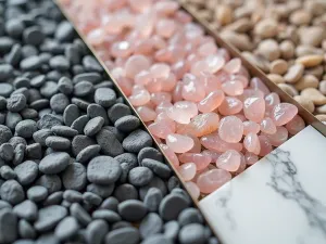 Gravel Color Study - Close-up of three different colored gravels (slate, rose quartz, and white marble) creating a modern abstract pattern with steel dividers