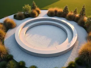 Gravel Garden Seating - Aerial view of a circular modern seating area with built-in concrete benches set in a sea of white gravel, surrounded by ornamental grasses catching evening light