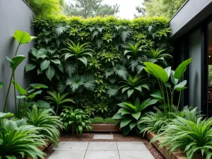 Green Wall Room Divider - Aerial view of a freestanding modern green wall used as a room divider in a courtyard garden, densely planted with ferns and tropical plants