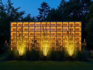 Illuminated Glass Block Wall - Evening shot of a modern garden wall made from glass blocks with LED lighting, creating a glowing privacy screen