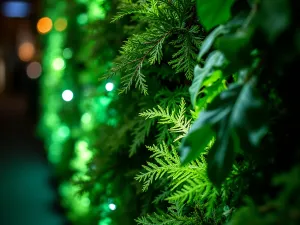 Illuminated Living Wall - Close-up of vertical garden with integrated fiber optic lighting system highlighting different plant textures at night