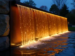 Illuminated Water Feature - Close-up of a contemporary cor-ten steel water wall with integrated LED strips creating a dramatic waterfall effect at night, reflecting in a small pool below