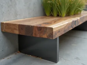 Industrial Style Bench - Close-up of a raw steel and reclaimed wood bench with visible welding details, set against polished concrete walls and architectural grasses